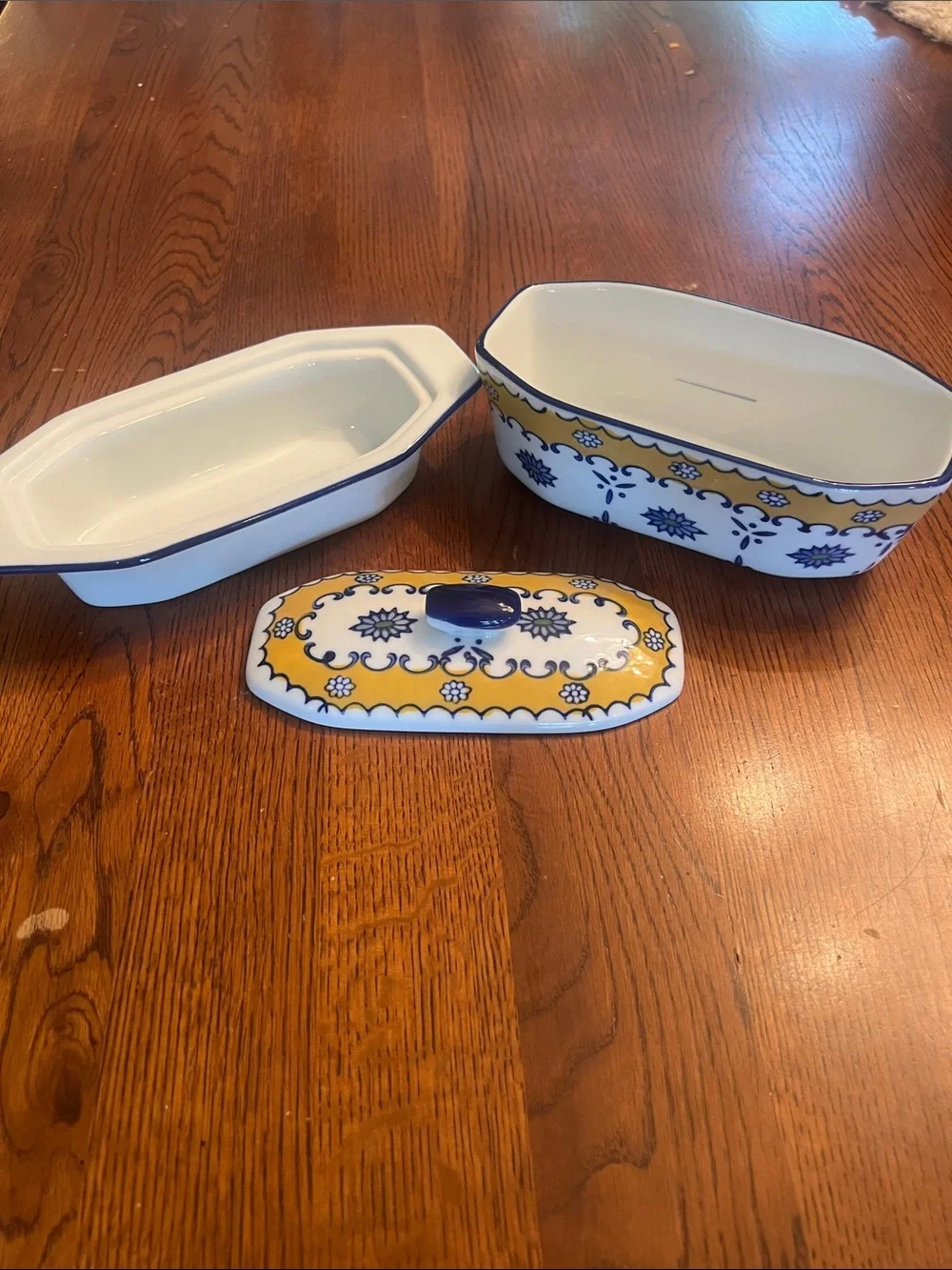 Vintage Cook Street Ceramic Covered Butter Dish 3 Pieces Yellow Blue Floral VG